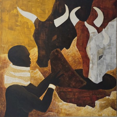 Acrylbild einer schwarzen Frau, die drei Kühe tränkt, in abstrakten flächigen Erdfarben und mit Goldakzenten